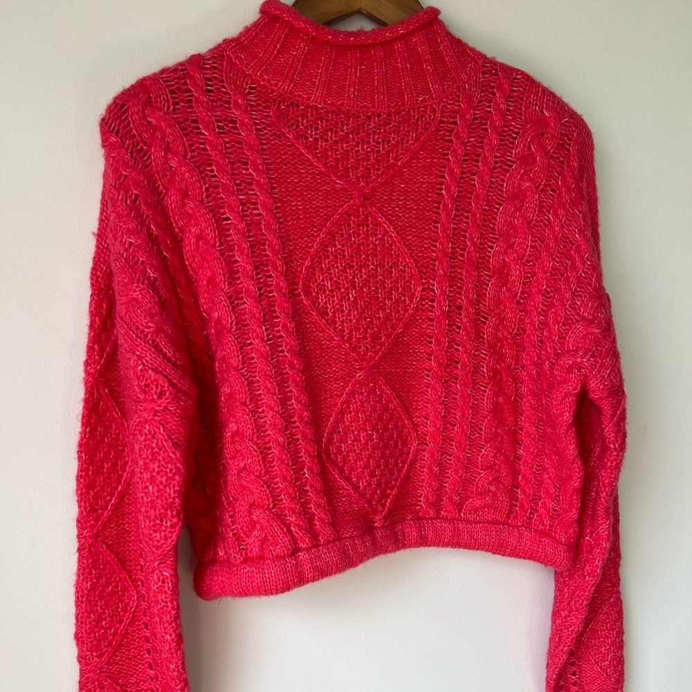 Sanctuary Cable Knit Cropped Sweater Sz S Neon Pink Mock Neck Stretch Sweater - Picture 6 of 13
